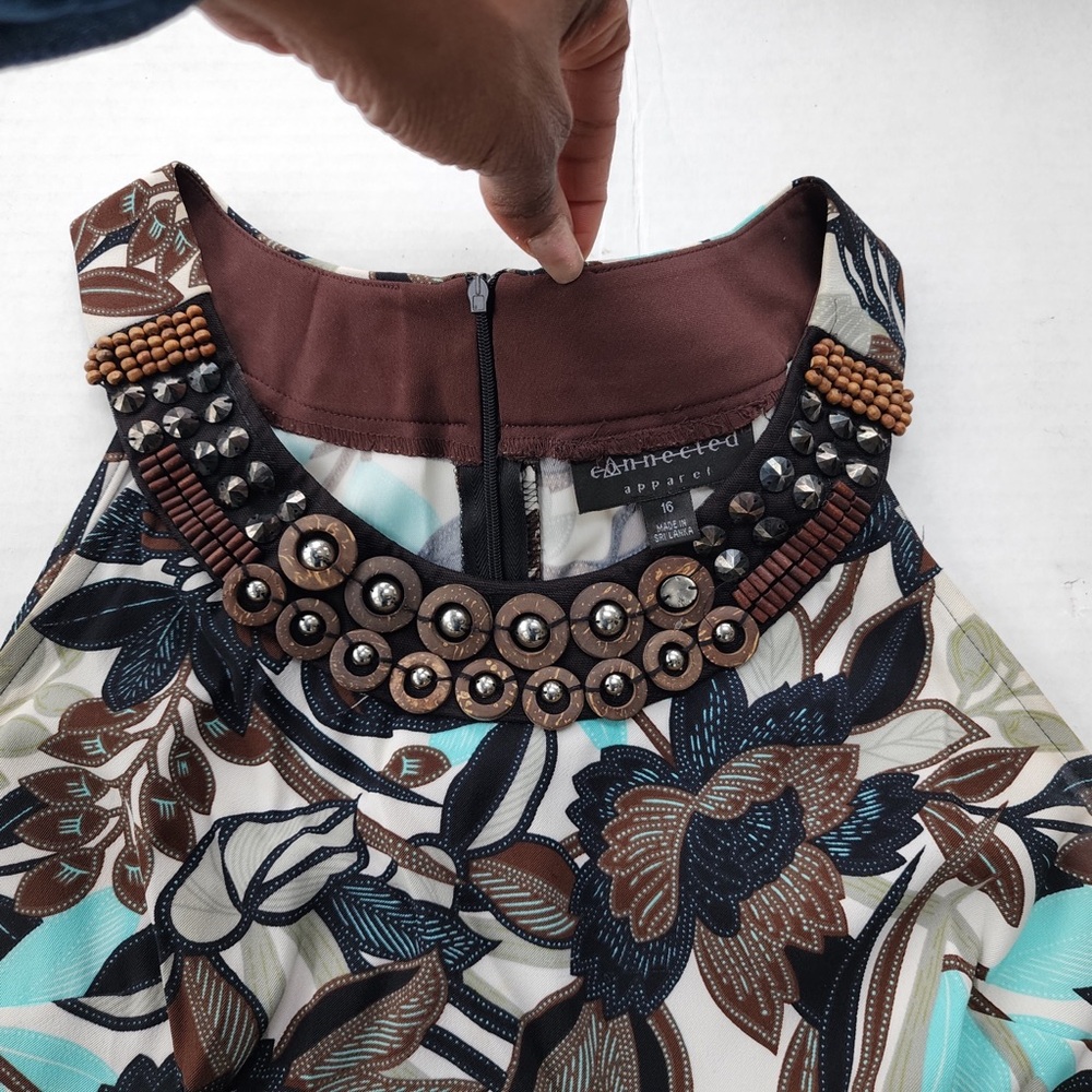 Wood Beads Studded Halter Sleeves Brown Floral Print Knee Length Sheath Dress - Picture 6 of 12